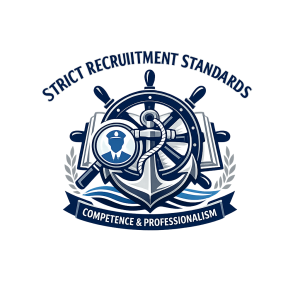Maritime emblem with anchor, ship wheel, and magnifying glass symbolizing strict crew recruitment standards, competence, and professionalism in the maritime industry