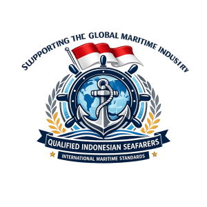 Maritime emblem with anchor, globe, and Indonesian flag symbolizing qualified Indonesian seafarers supporting the global maritime industry with international standards