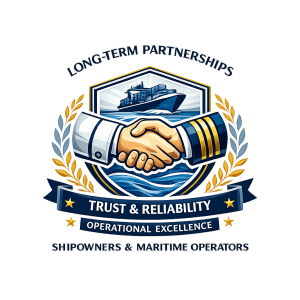 Maritime emblem with handshake and cargo ship symbolizing long-term partnerships, trust, and reliable crew services for shipowners and maritime operators