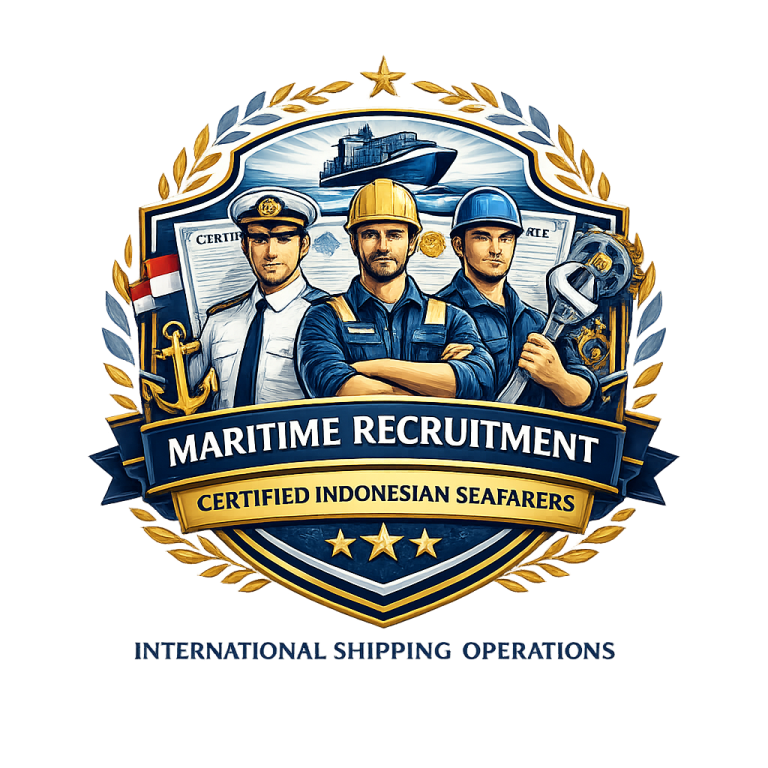 Maritime recruitment emblem featuring certified Indonesian seafarers and crew professionals supporting international shipping operations with global standards