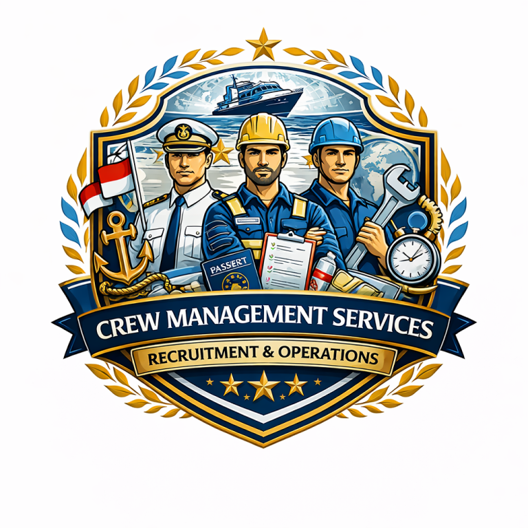 Crew management emblem featuring maritime professionals, ship, and operational tools symbolizing recruitment and crew management services for international shipping operations