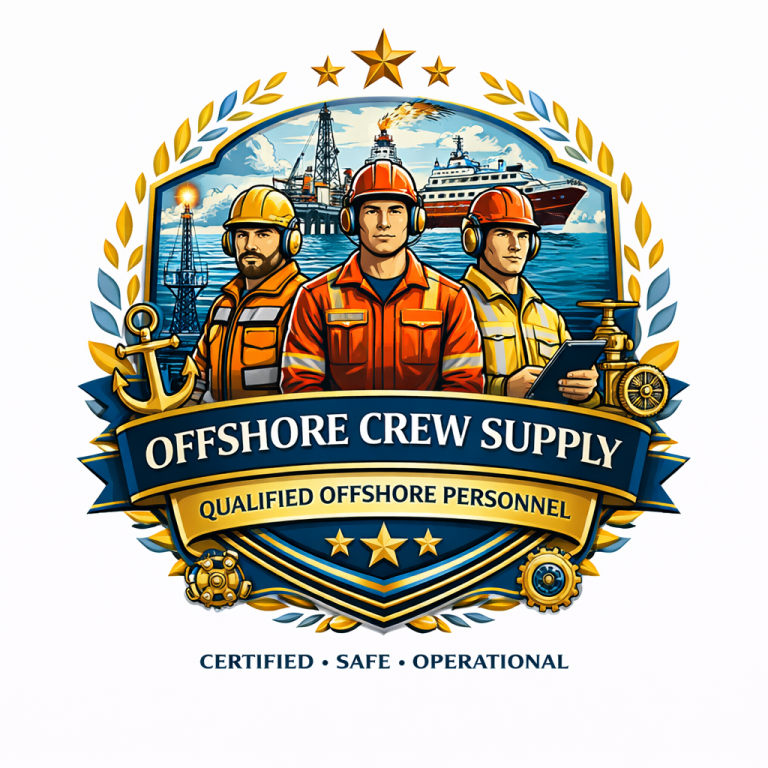 Offshore crew supply emblem featuring certified Indonesian maritime professionals supporting offshore oil, gas, and marine operations with safety, compliance, and operational reliability