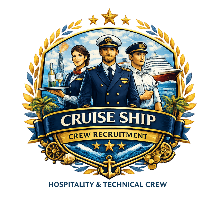Cruise ship crew recruitment emblem featuring hospitality and technical maritime professionals supporting international cruise operations with certified service and operational expertise