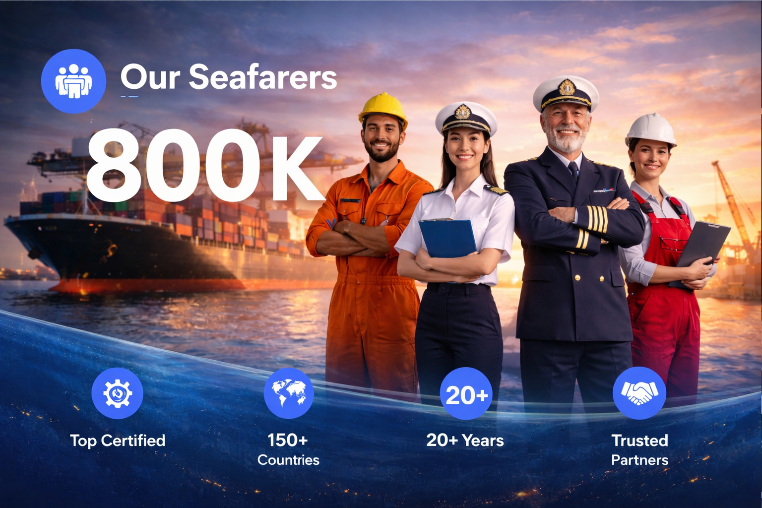 “Professional seafarers team standing in front of a cargo ship with text ‘Our Seafarers 800K’ and highlights of certification, global reach, experience, and trusted partners.”