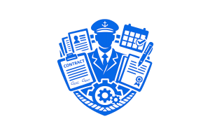 Blue vector logo representing crew administration, featuring a maritime officer surrounded by documents, contract forms, calendar, certificate, and gears, symbolizing crew documentation processing, contract coordination, certification tracking, and record management.