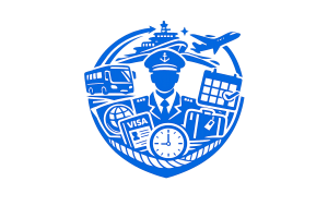Blue vector logo representing crew deployment and logistics, featuring a maritime officer surrounded by icons such as airplane, ship, bus, passport, calendar, clock, and luggage, symbolizing travel arrangements, visa coordination, port joining, and crew rotation planning.