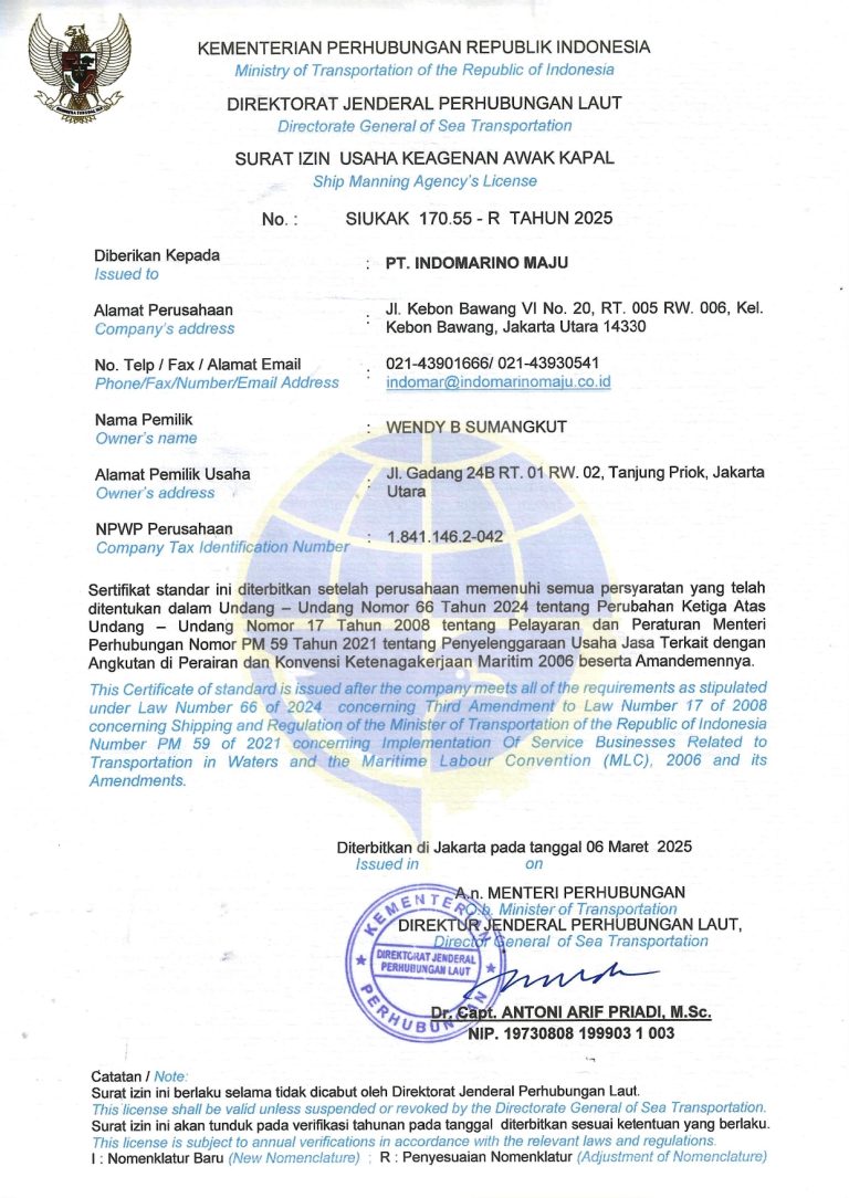SIUKAK License Indonesia PT Indomarino Maju Ship Manning Agency