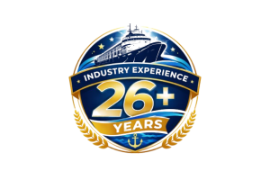 “Maritime badge showing 26+ years of industry experience with ship and anchor, representing trusted and experienced crew management services
