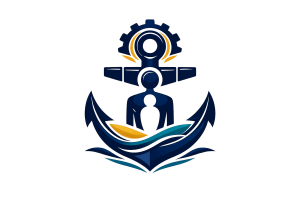 Maritime icon of a crew figure integrated with anchor, gear, and waves, representing skilled seafarers, strict selection, and professional maritime standards