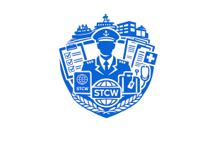 Blue vector logo representing compliance and coordination in maritime operations, featuring a maritime officer surrounded by icons of checklist, certificates, medical cross with stethoscope, passport, and ship, with a globe labeled “STCW” and laurel wreath symbolizing regulatory compliance, certification checks, and coordination with shipowners.