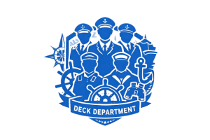 Blue vector logo representing the deck department, featuring multiple maritime officers and seamen surrounded by nautical elements such as ship wheel, compass, anchor, ship, and binoculars, symbolizing navigation, safety, and vessel operations including master, officers, able seaman, and ordinary seaman.