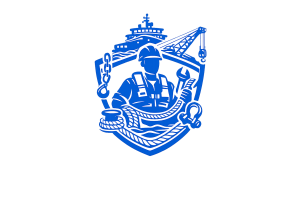 Blue vector logo representing offshore support crew, featuring a worker in safety gear holding rope and tools, surrounded by elements such as crane, vessel, chains, and rigging equipment, symbolizing able seaman, crane operators, deck crew, and riggers in offshore operations.