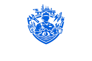 Blue vector logo representing offshore technical crew, featuring a worker with hard hat holding tools, surrounded by icons of oil rig, helicopter, wrench, lightning bolt, and technical equipment, symbolizing engineers, electricians, mechanics, and technicians in offshore operations.