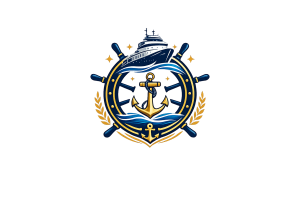 Maritime emblem with ship, anchor, and helm symbolizing experienced seafarers and professional maritime services with international standards