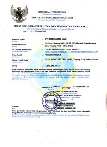 Official Indonesian license authorizing maritime crew recruitment and placement.