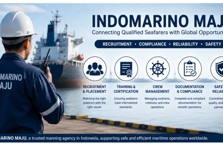 INDOMARINO MAJU manning agency Indonesia banner featuring a seafarer at a port with a cargo vessel, highlighting recruitment, compliance, training, crew management, documentation, safety, and reliable maritime operations worldwide.