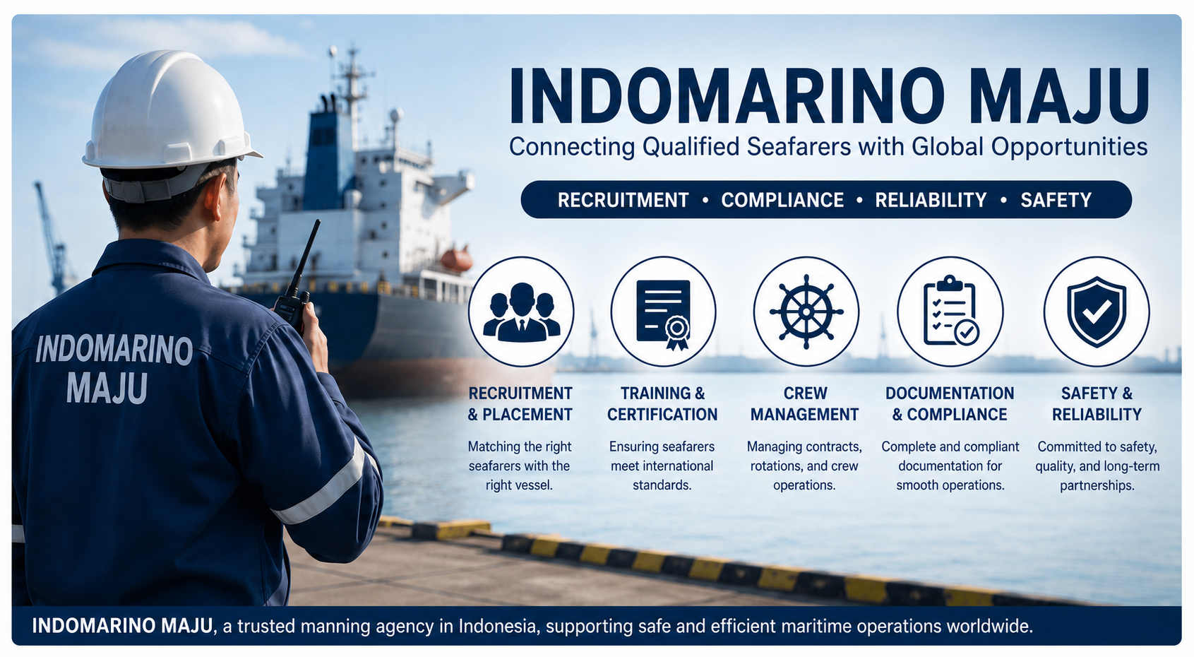 INDOMARINO MAJU manning agency Indonesia banner featuring a seafarer at a port with a cargo vessel, highlighting recruitment, compliance, training, crew management, documentation, safety, and reliable maritime operations worldwide.